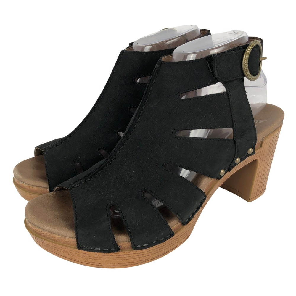 DANSKO Demetra Leather Caged Platform Clog Sandals Sz 40 9.5 Black Boho Strappy